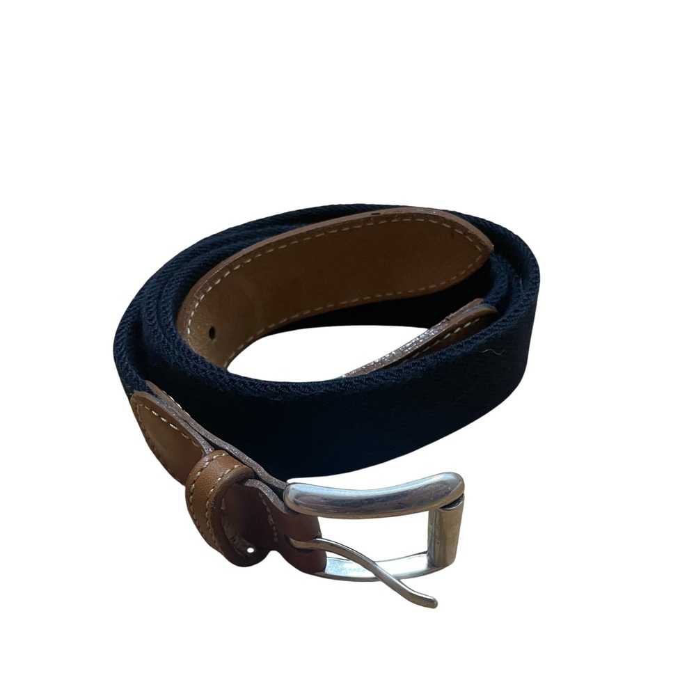 L.L. Bean Mens Navy Blue Canvas Leather Trim Belt Silver Buckle Size 34 36